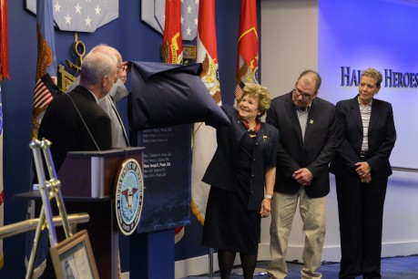 Descendants of U.S. Army Pvts. Philip G. Shadrach and George D. Wilson unveil the Hall of Heroes plaque during the Hall of Heroes Induction Ceremony at the Pentagon in Arlington, Va., July 4, 2024. U.S. Army photo by Sgt. Daniel Hernandez.
