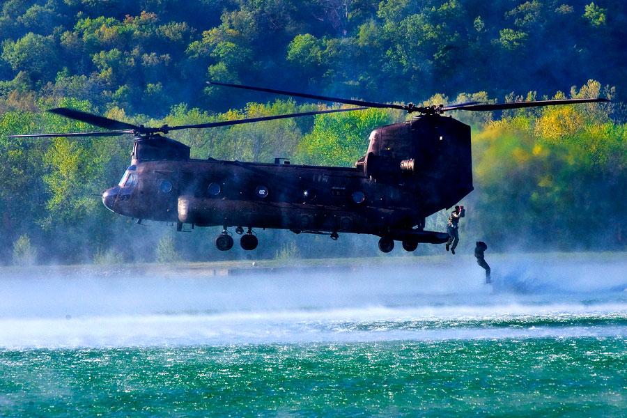 CH-47 Chinook helicopter during helo-cast event at Best Sapper Competition