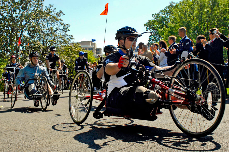 Wounded veterans ride to the South Lawn of the White House during the Wounded Warrior Soldier Ride