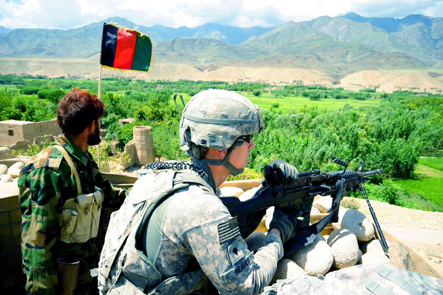 Soldier provides security alongside an Afghan National Army Soldier