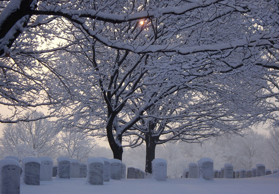 Arlington National Cemetery blanketed in snow