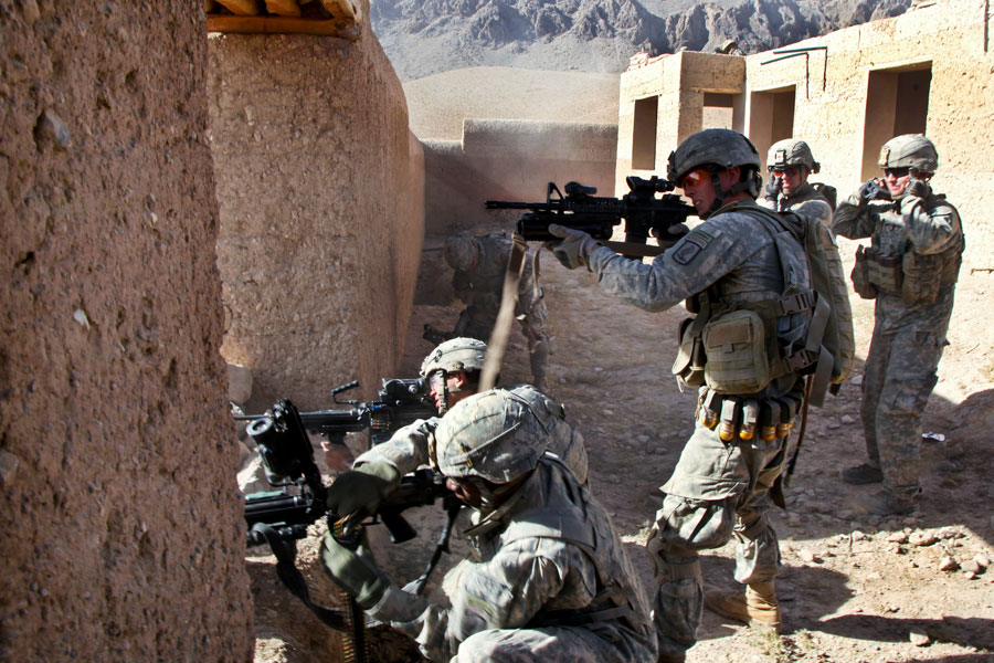 3rd Platoon, Alpha Company, 1st Battalion, 503rd Infantry Regiment, 173rd Airborne Brigade Combat Team, engage enemy combatants in Chak District, Wardak Province, Afghanistan