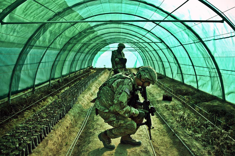 Kentucky National Guard Soldiers inspect a greenhouse in Mahmod-e Raqi district, Kapisa province, Afghanistan