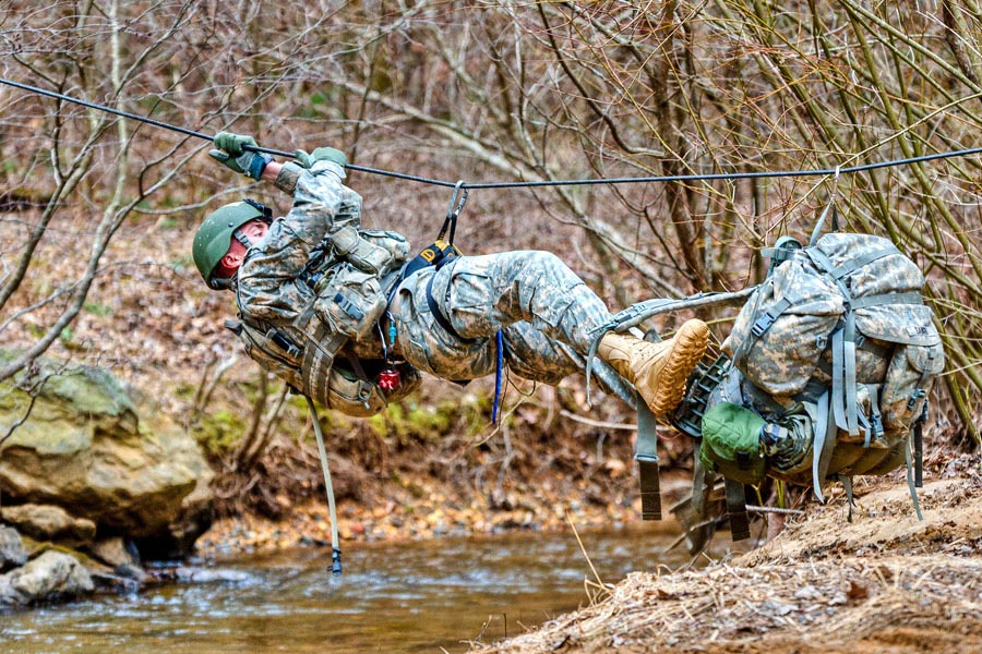 An Army Ranger School class completing a knots test