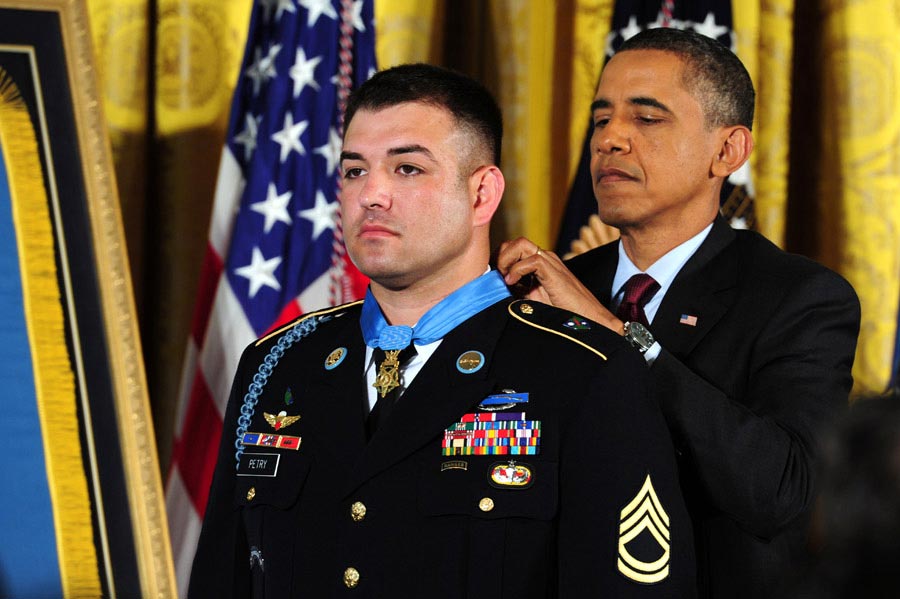 President Barack H. Obama awards the Medal of Honor to United States Army Sergeant First Class Leroy Arthur Petry for his valor in Afghanistan at the White House
