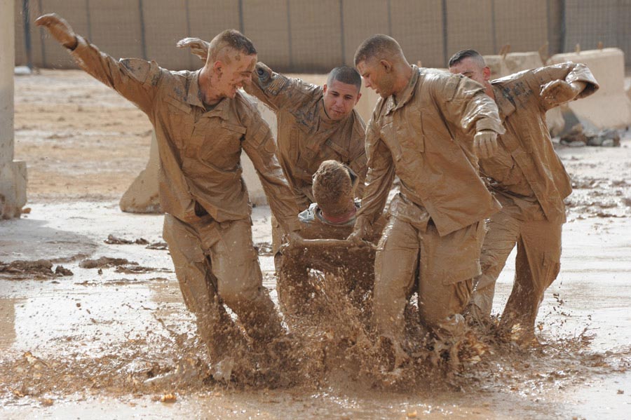 Soldiers practice evacuating a casualty in Camp Ramadi, Iraq