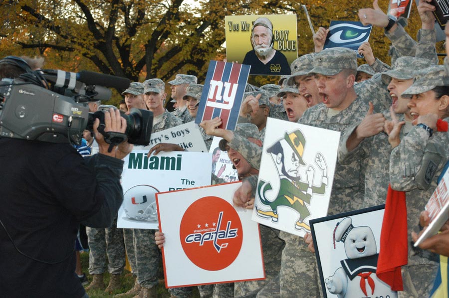 Soldiers get pumped for the camera before the live broadcast of ESPN's SportsNation