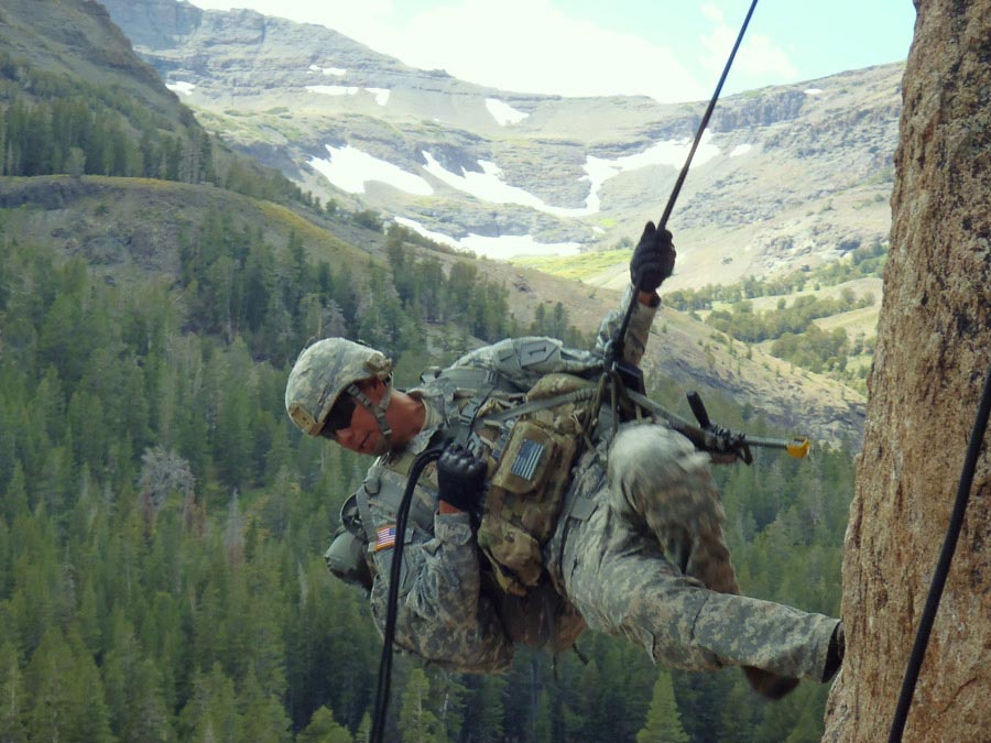 Corporal Jose Pacheco practices rappelling techniques during the basic-mobility portion of Mountain Exercise