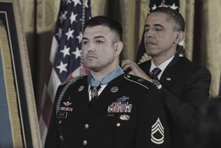 President Barack H. Obama awards the Medal of Honor to United States Army Sergeant First Class Leroy Arthur Petry for his valor in Afghanistan at the White House