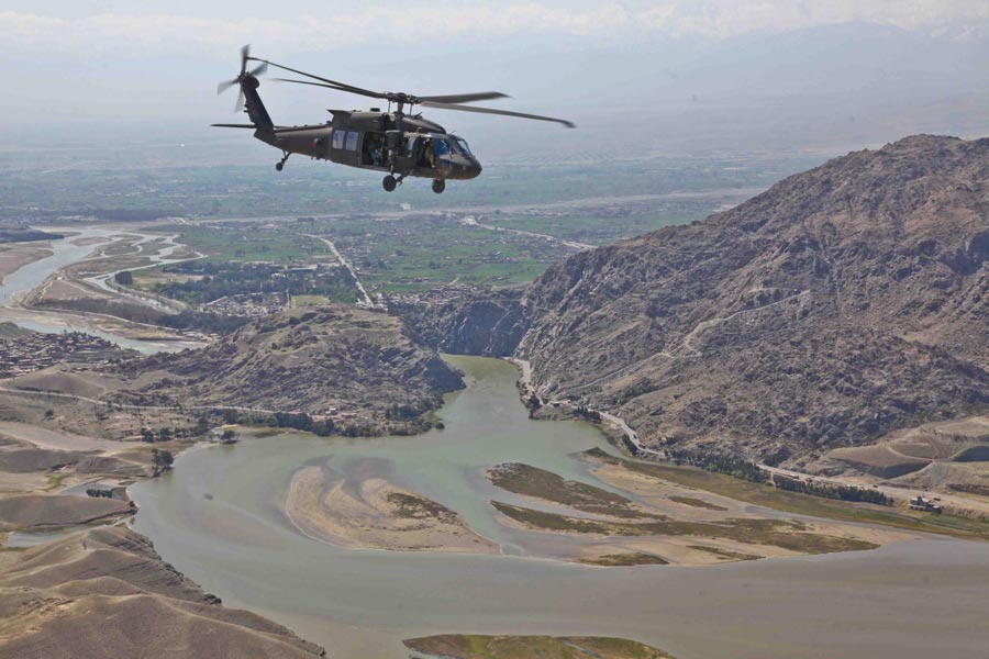 UH-60 Black Hawk Helicopter flys to Forward Operating Base Torkham