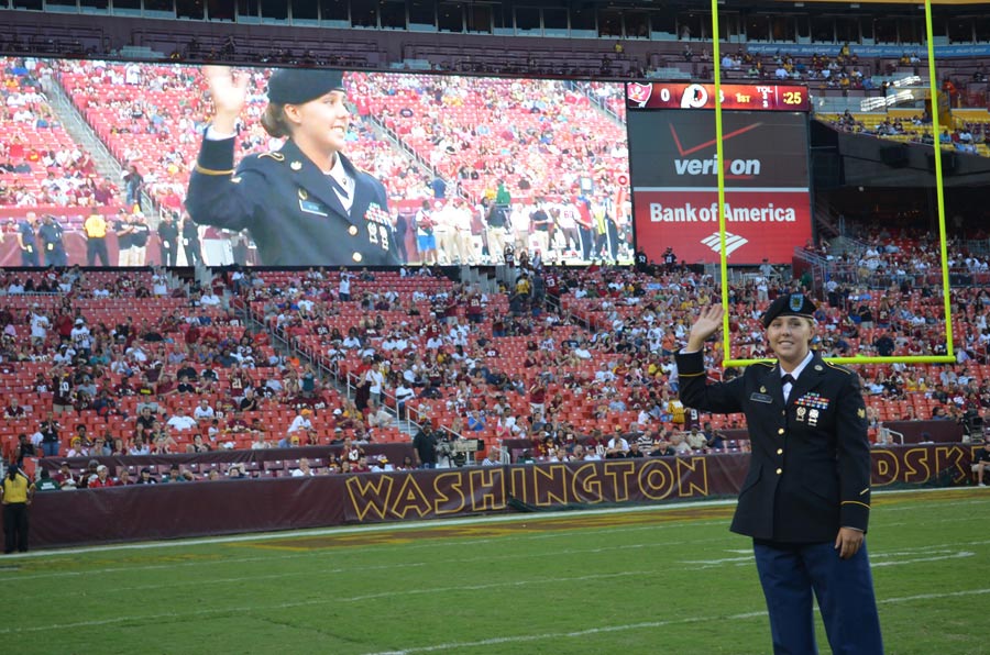 Specialist Casey Work, military police Soldier assigned to 200th Military Police Command, was recognized during Washington Redskins game