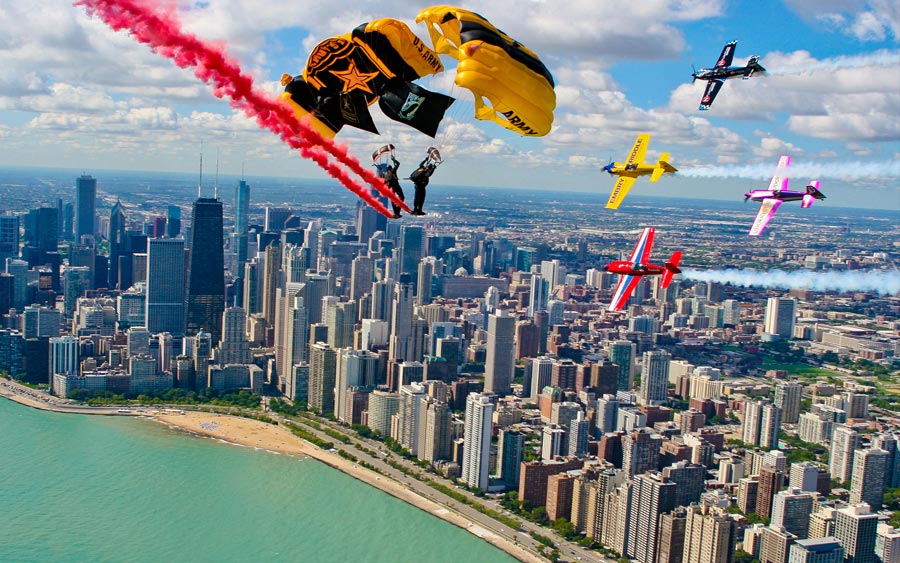 United States Army Golden Knights Black Demonstration Team, fly side-by-side over Chicago Air and Water Show