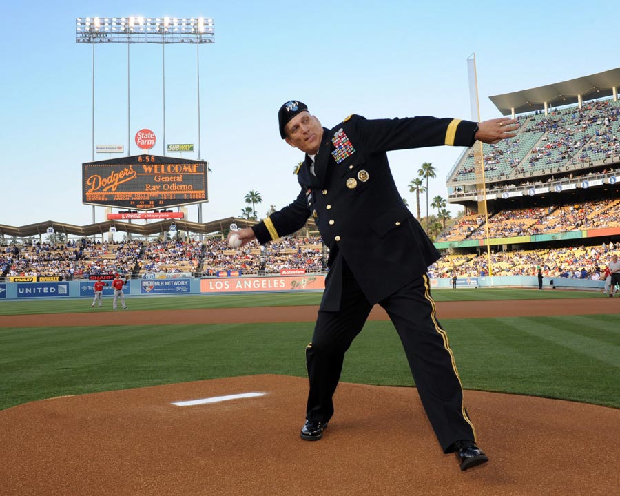 General Raymond T. Odierno, Chief of Staff of the U.S. Army, throws ceremonial first pitch at Dodger Stadium