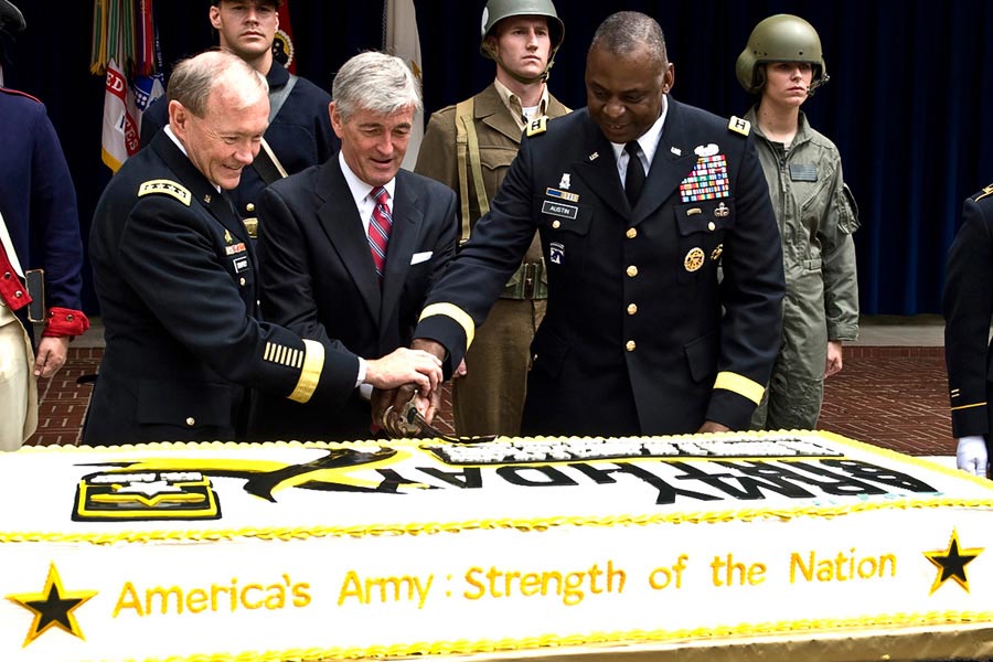 General Martin E. Dempsey, joined John M. McHugh, and General Lloyd Austin, celebrating the Army's 237th birthday