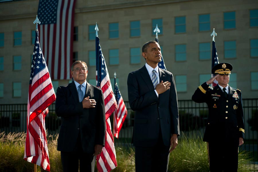 Leon E. Panetta, President Barack Obama and Army General Martin E. Dempsey during ceremony commemorating 11th anniversary of Sept. 11
