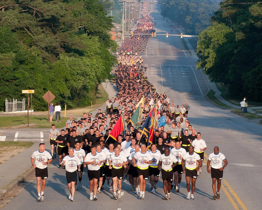 Major General Jim Huggins and Command Sergeant Major Bryant Lambert, kick off All-American Week with the annual four-mile division run at Fort Bragg, North Carolina