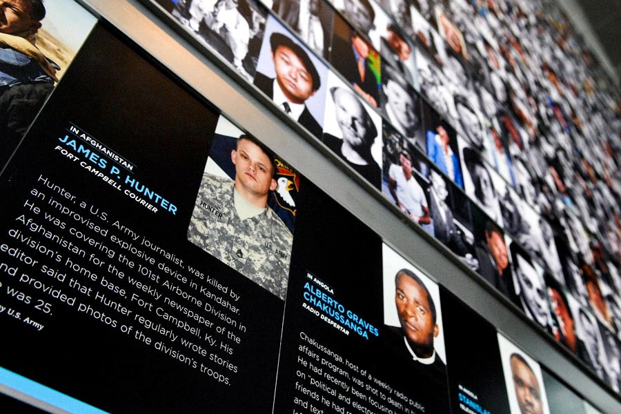 Photograph and short biography of Staff Sergeant James Hunter is on display near the Journalists Memorial at the Newseum in Washington, D.C.